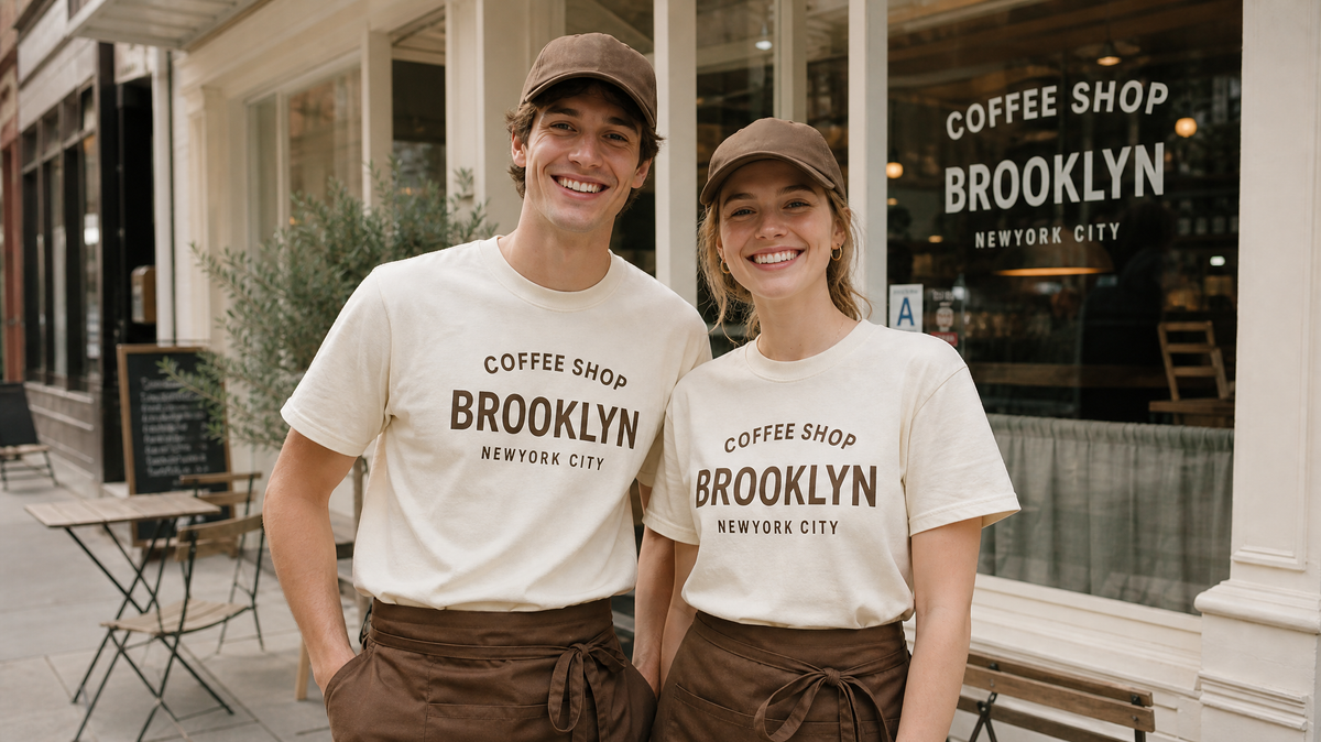 Cafe staff wearing matching custom printed t-shirts and embroidered caps