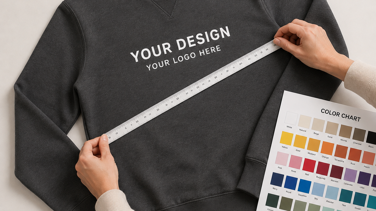 Custom sweatshirt mockup with a logo placement guide and a fabric color chart