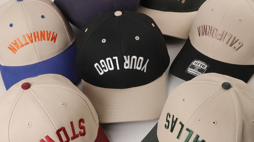 Custom embroidered baseball caps in assorted colors with city and logo embroidery