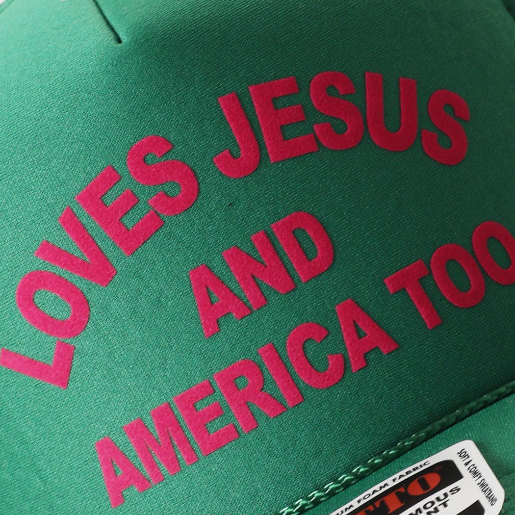 Model wearing Loves Jesus And America Too foam trucker hat