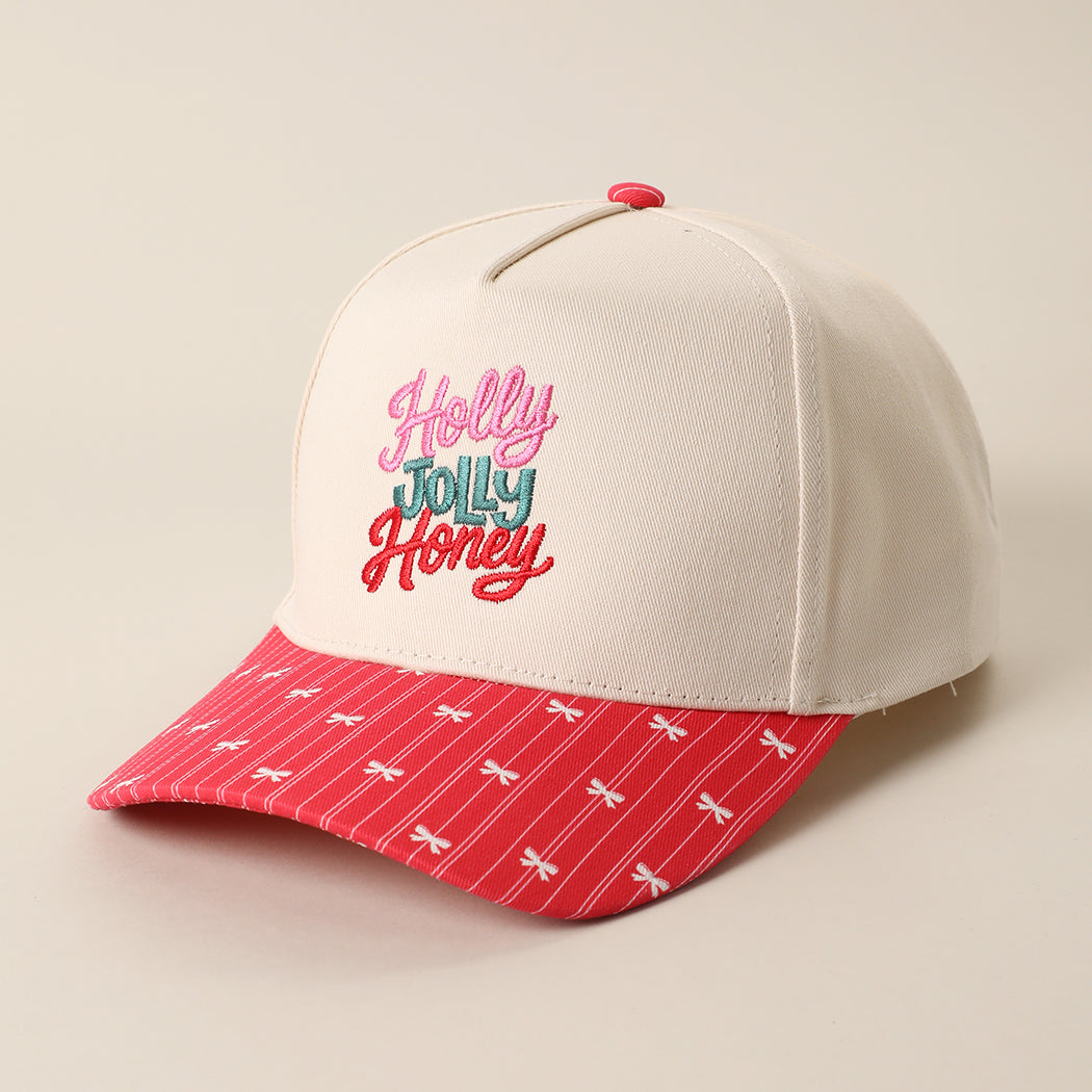 Holly Jolly Honey holiday brim trucker hat in red, angled view