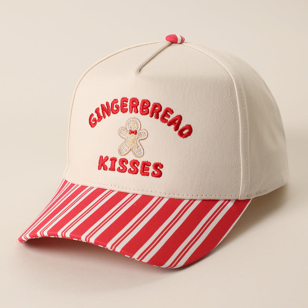 Gingerbread Kisses holiday striped brim trucker hat in red, side view
