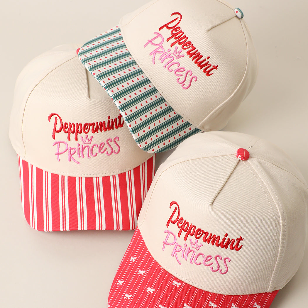 Peppermint Princess embroidered holiday brim trucker hats in green and red