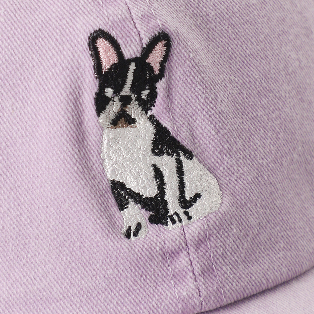 Boston Terrier embroidered baseball cap in lilac side view