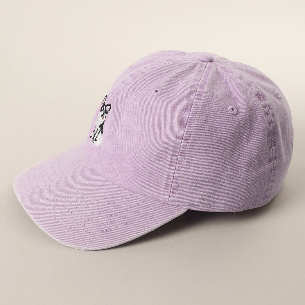 Boston Terrier embroidered baseball cap in lilac detail view