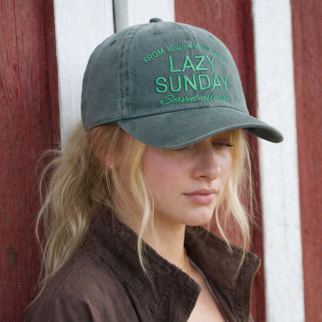 Lazy Sunday Served All Day embroidered cotton baseball cap, front view