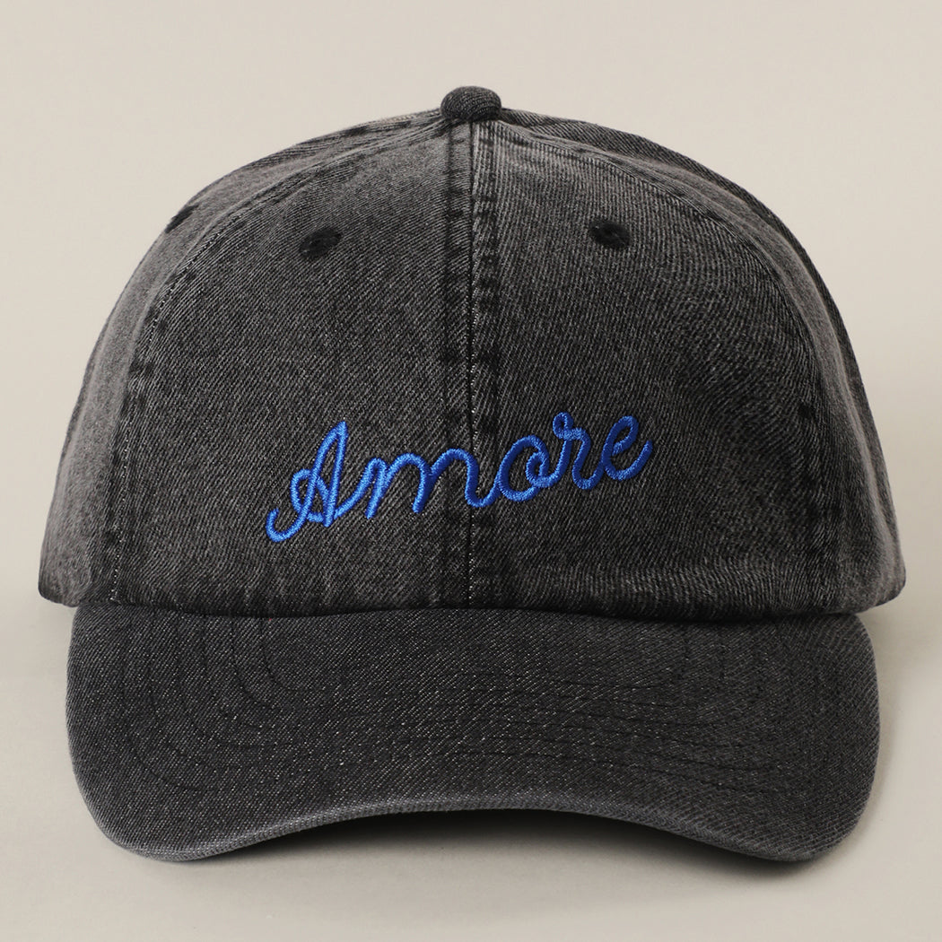 Amore embroidered washed denim baseball cap in black