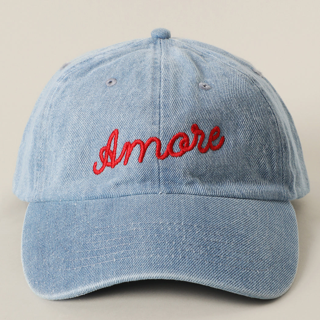 Amore embroidered washed denim baseball cap in light blue