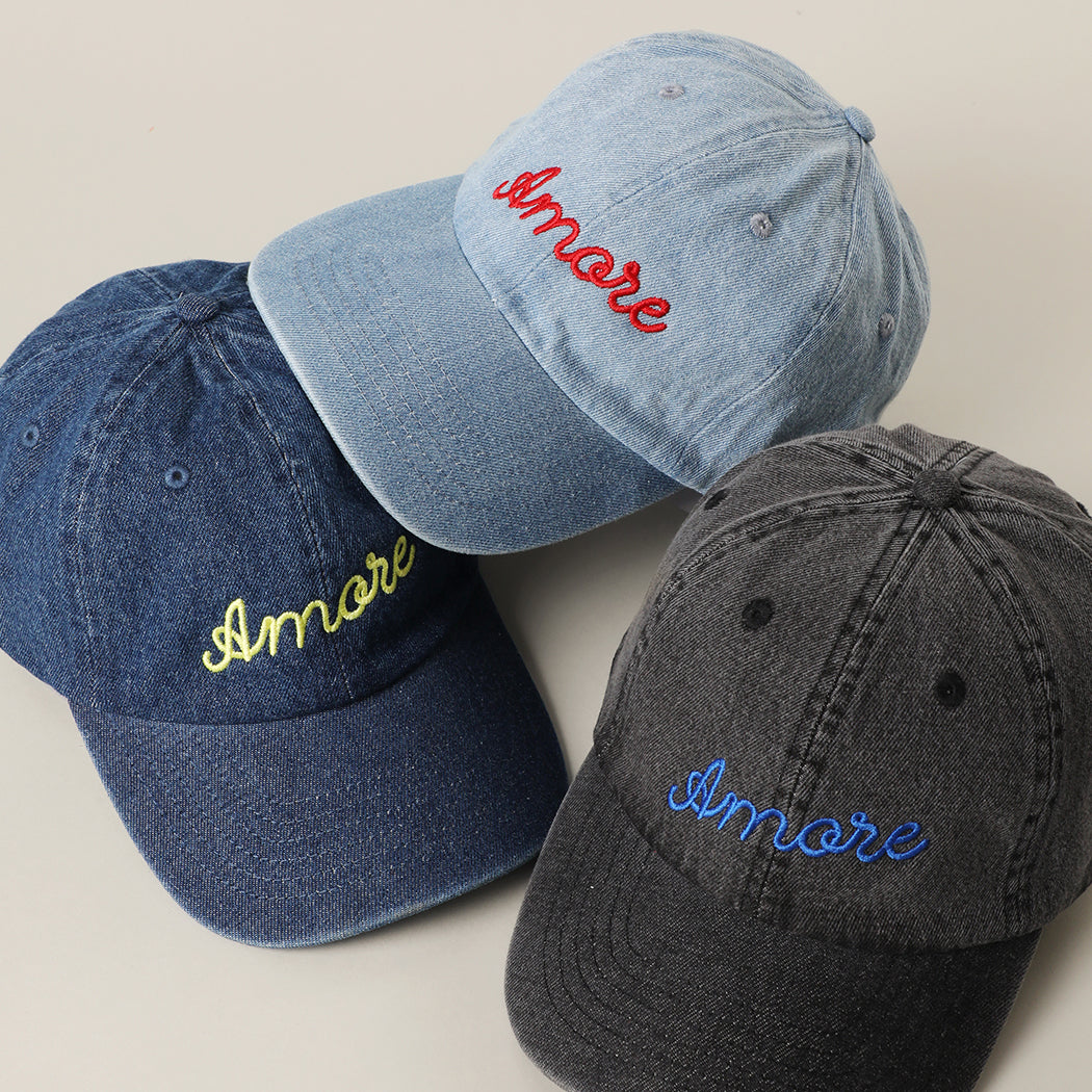 Amore embroidered washed denim baseball cap, front view alternate angle