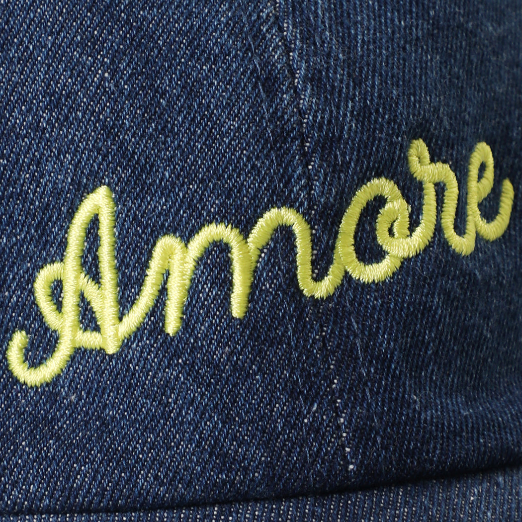 Amore embroidered washed denim baseball cap in royal blue, side view
