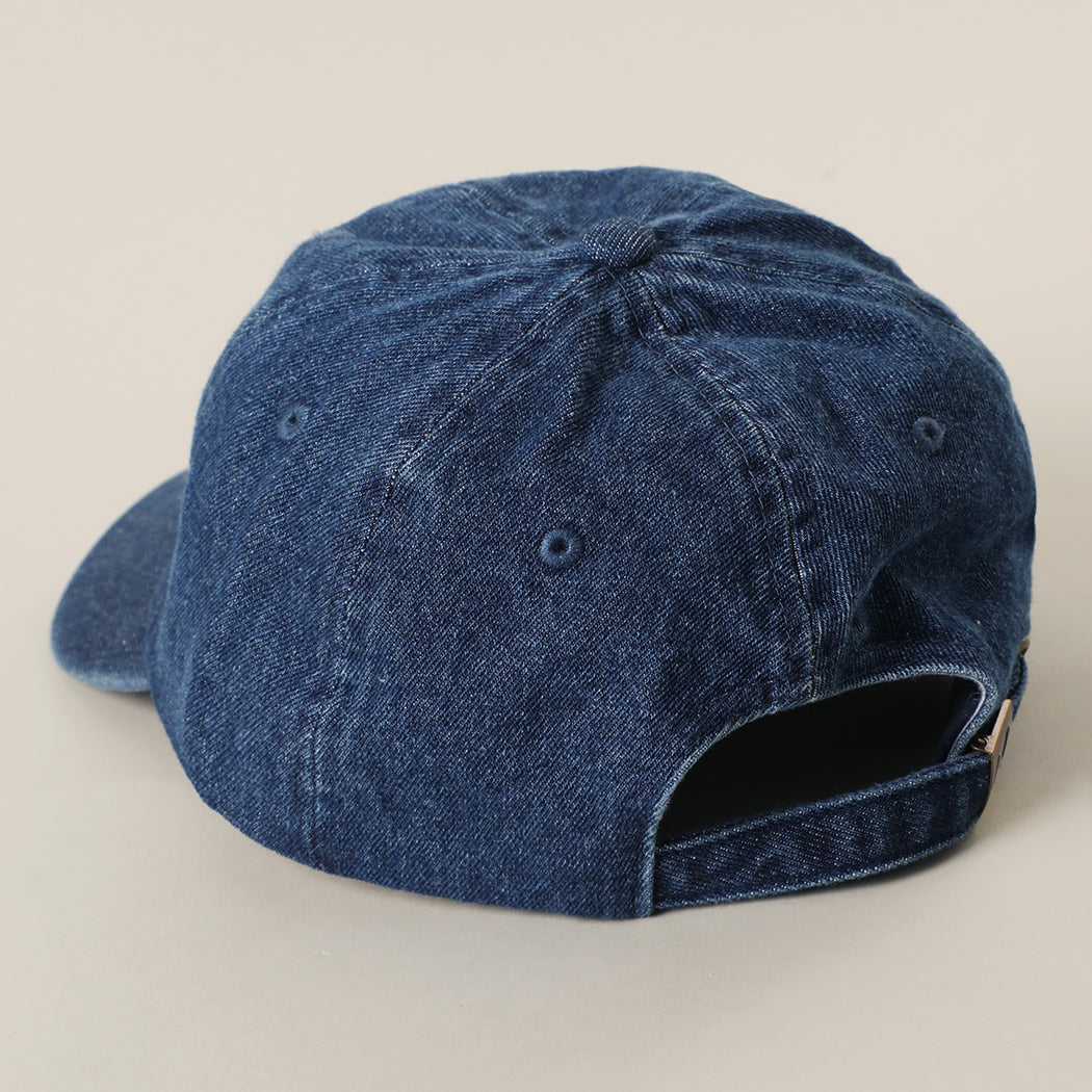 Amore embroidered washed denim baseball cap in royal blue, back view
