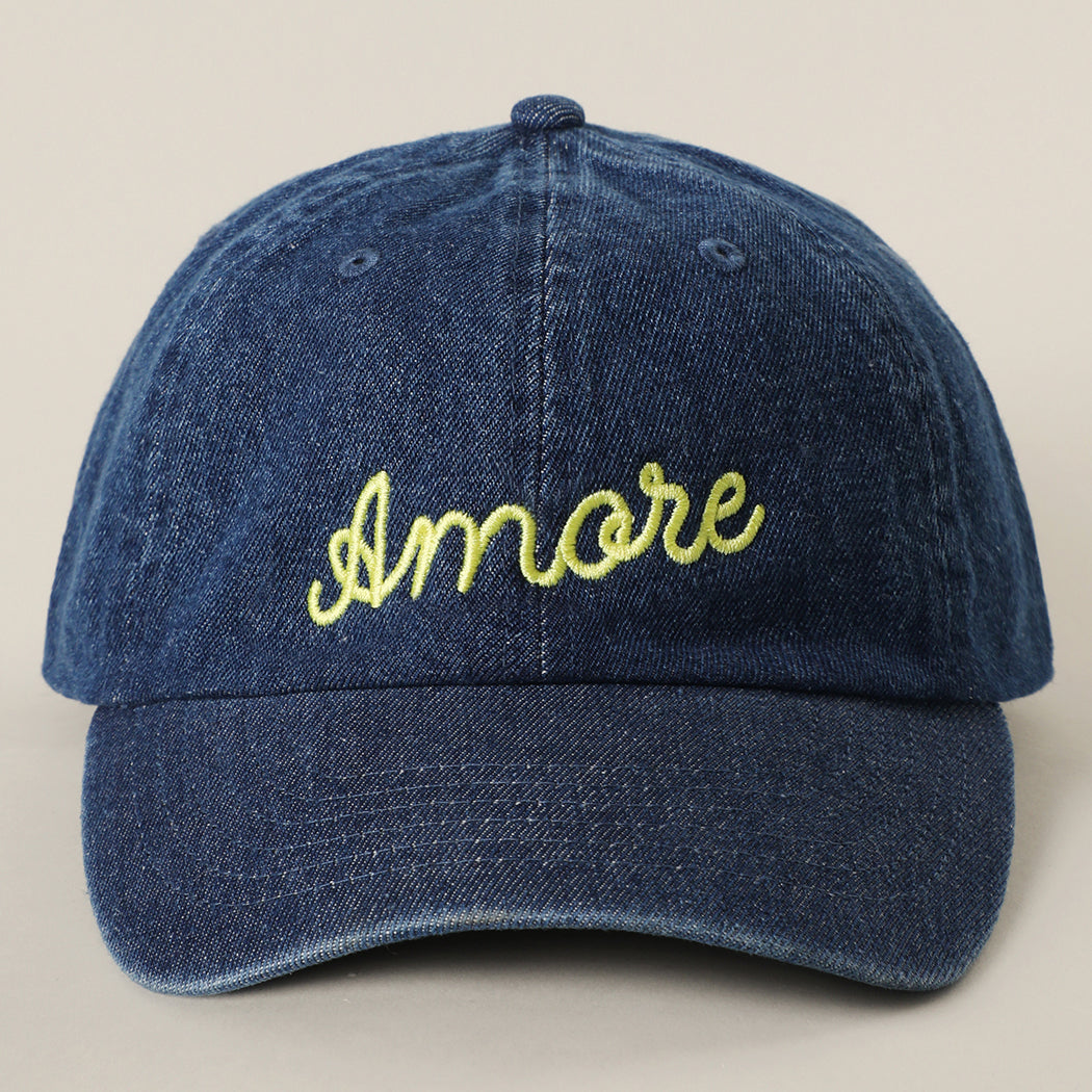 Amore embroidered washed denim baseball cap in royal blue