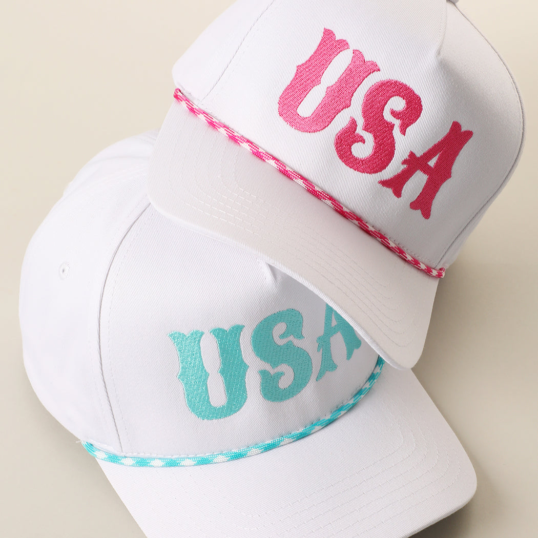 USA embroidered rope trucker hat shown in all color options