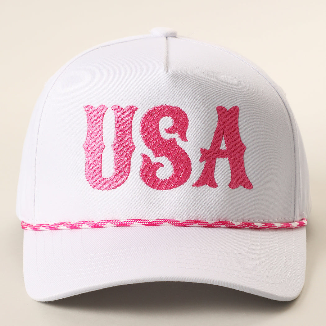 USA embroidered rope trucker hat in hot pink