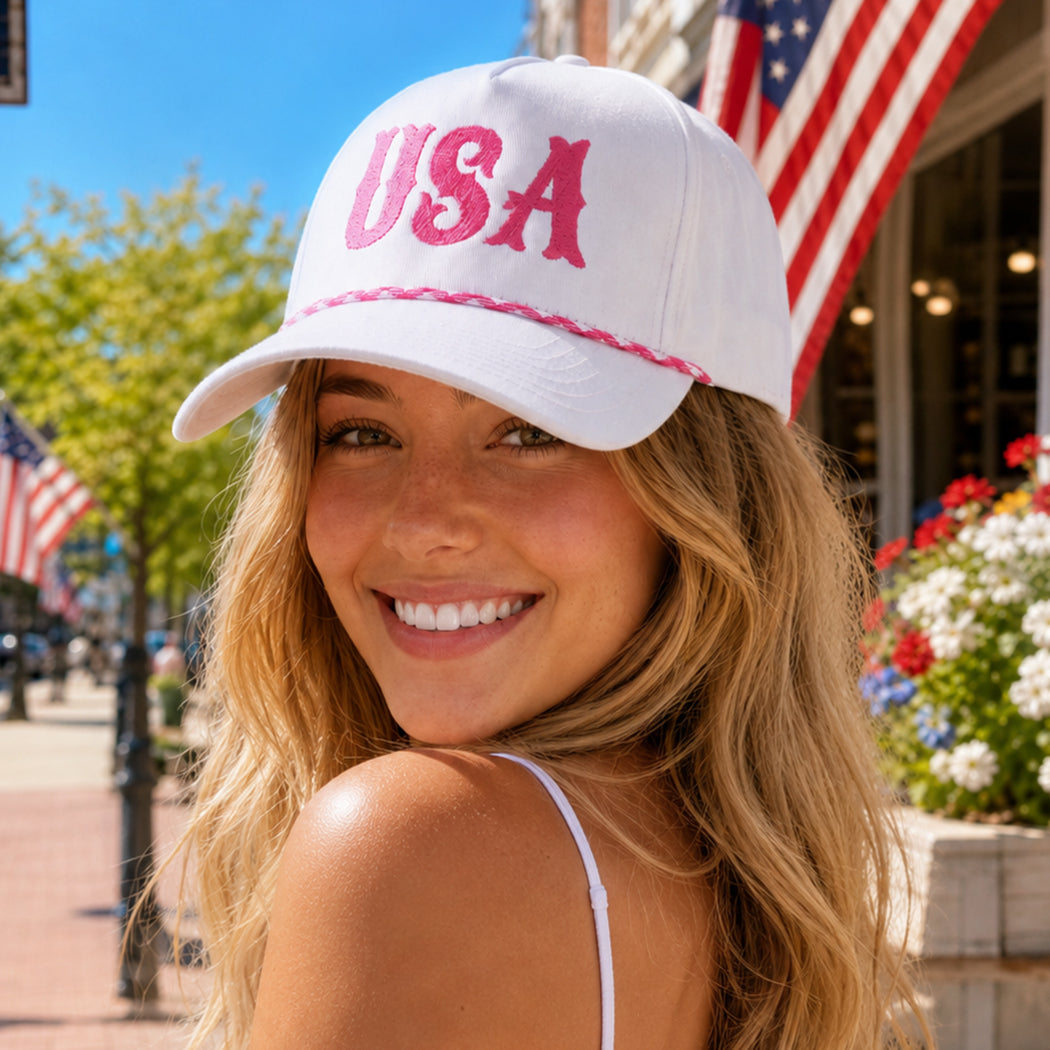 USA embroidered rope trucker hat, front view