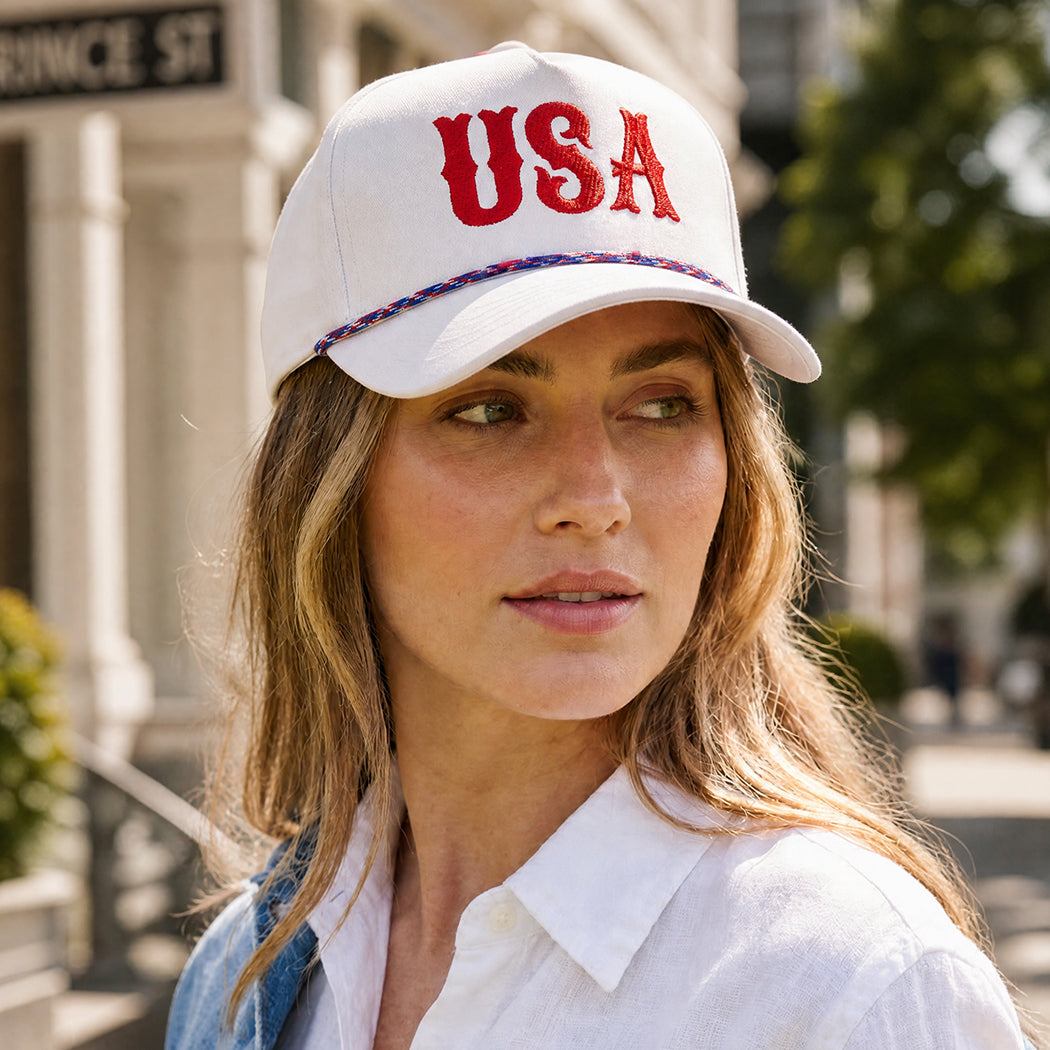 USA Letter embroidered rope trucker hat, back view