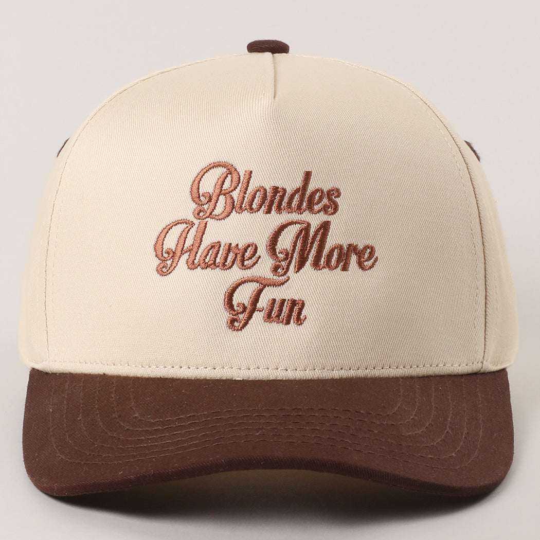 Blondes Have More Fun trucker hat in brown, front view