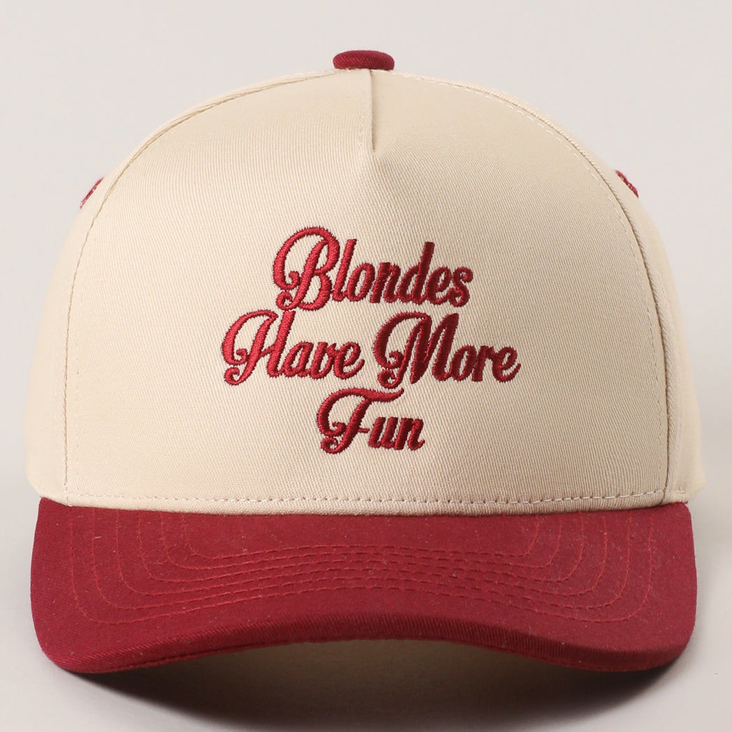 Blondes Have More Fun trucker hat in burgundy, side view