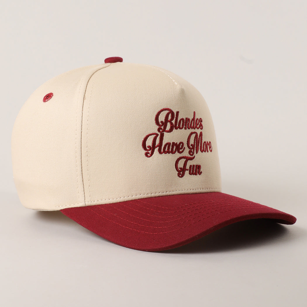 Blondes Have More Fun trucker hat in burgundy, back view