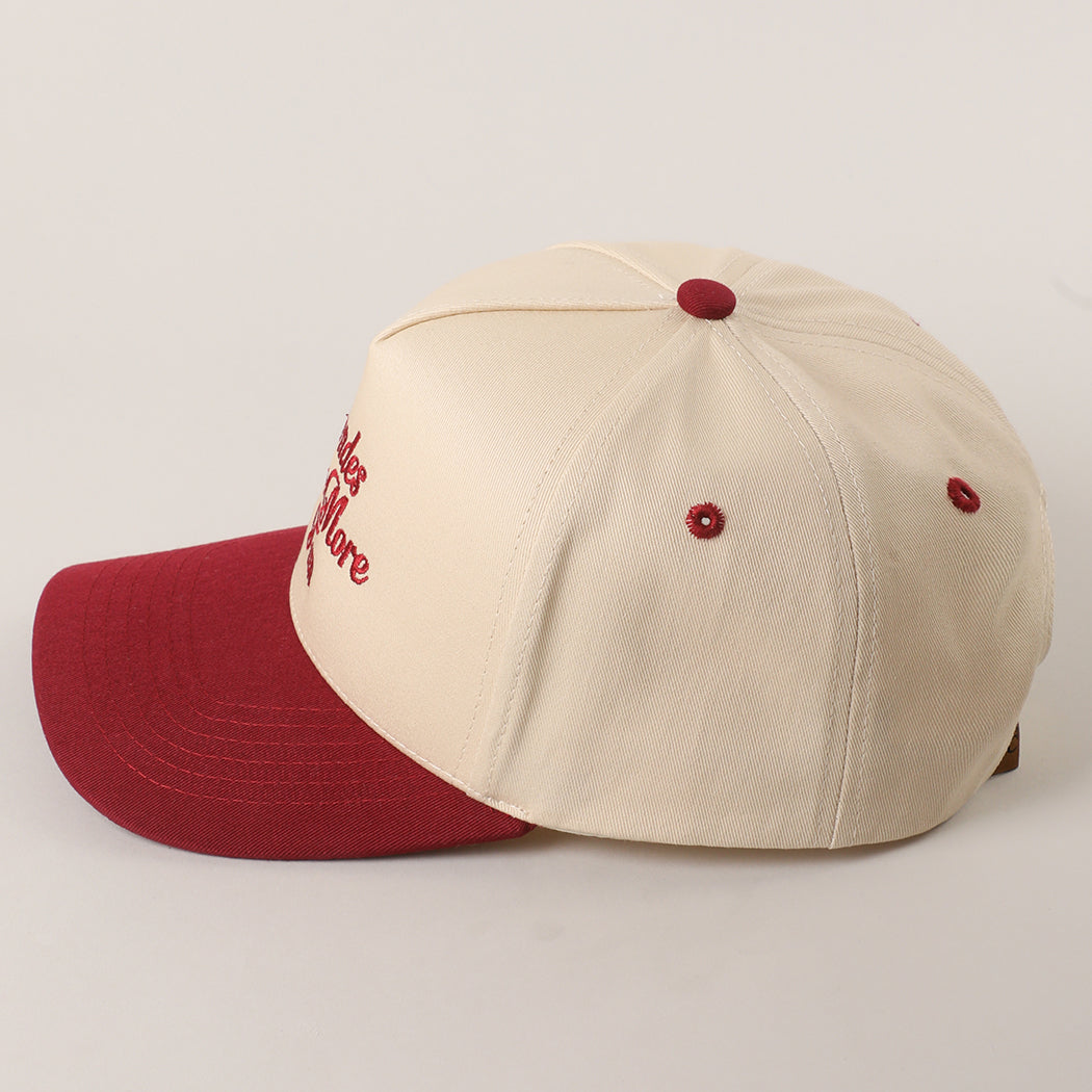 Blondes Have More Fun trucker hat in burgundy, detail view