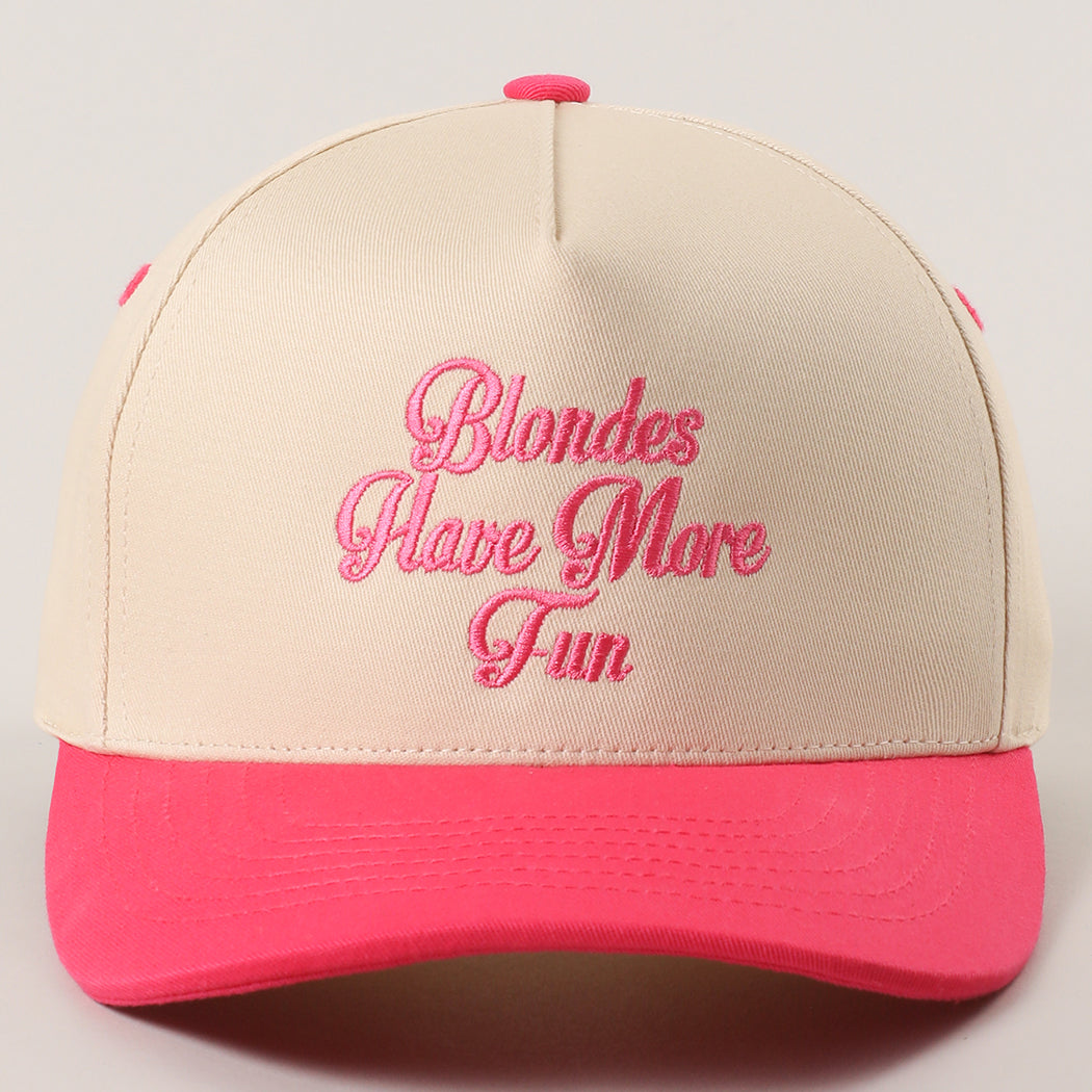 Blondes Have More Fun trucker hat in hot pink, front view