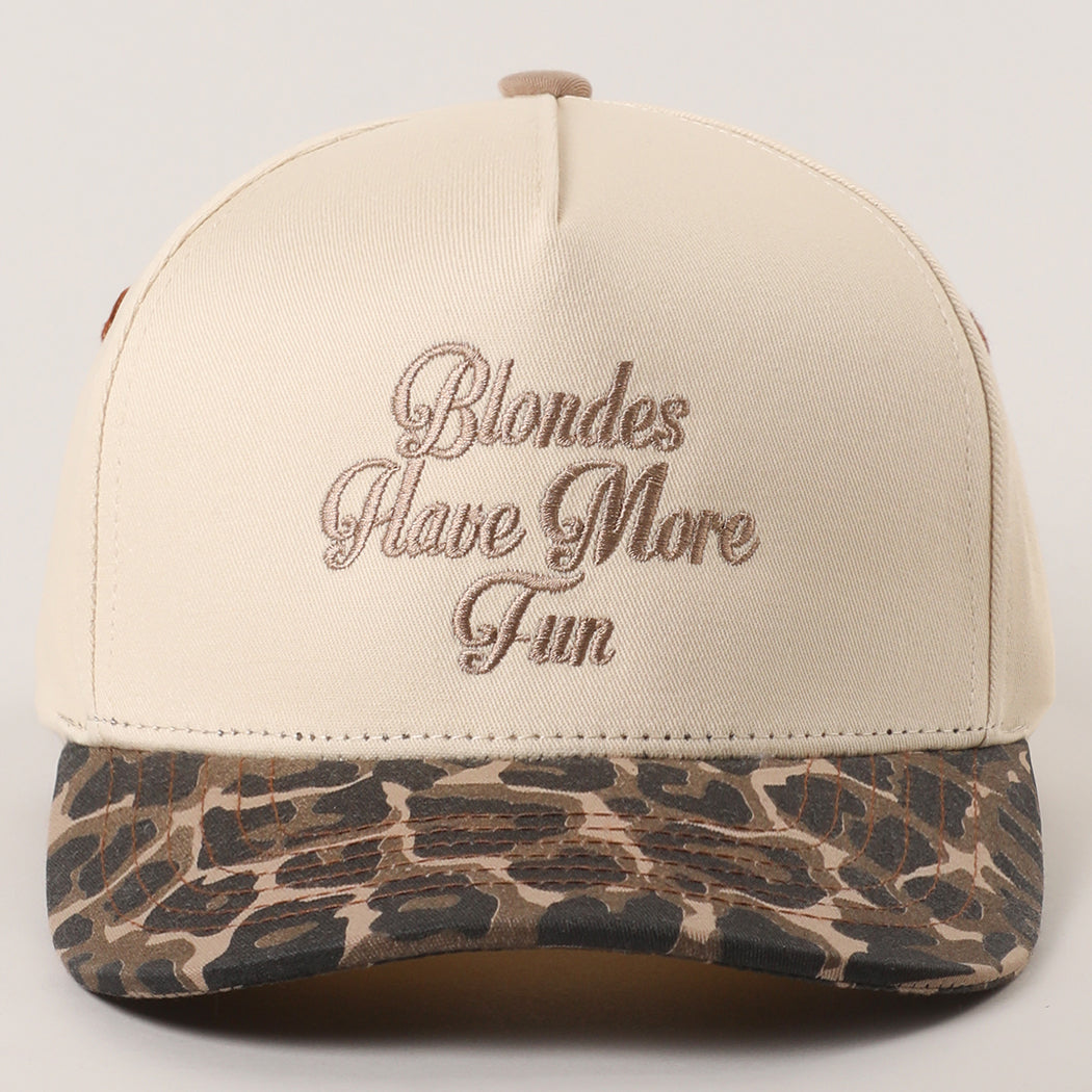 Blondes Have More Fun trucker hat in leopard, front view