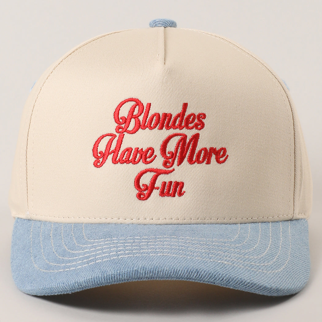 Blondes Have More Fun trucker hat in light denim, front view