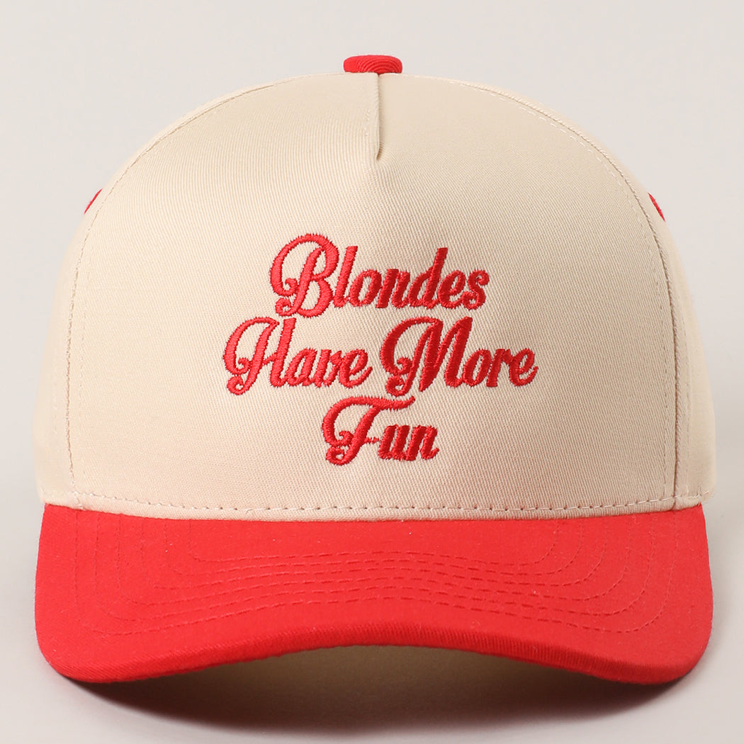 Blondes Have More Fun trucker hat in red, front view