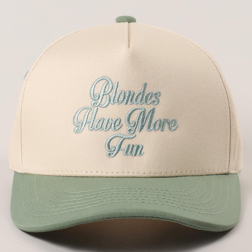 Blondes Have More Fun trucker hat in sage, front view