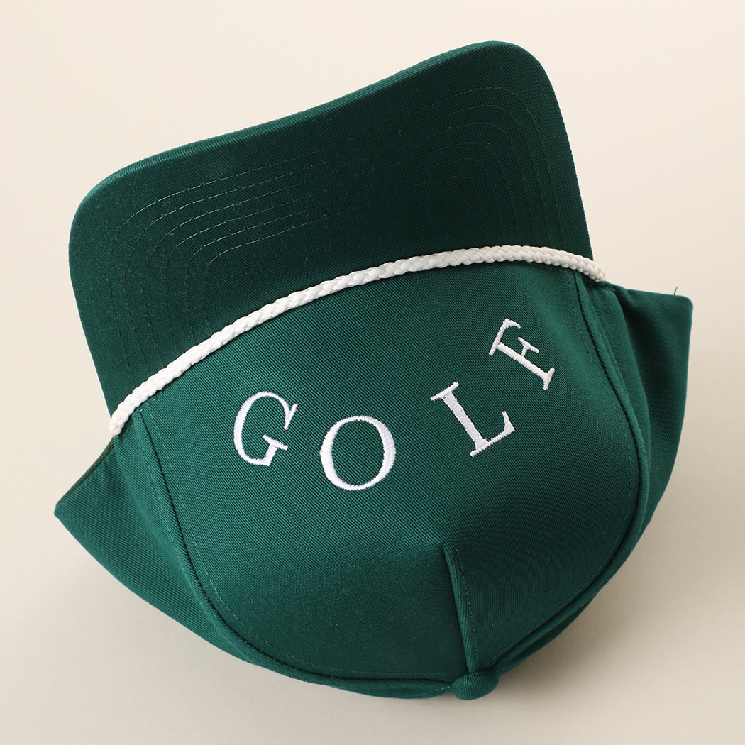 Golf Upside Down rope trucker hat in dark green and white, back view
