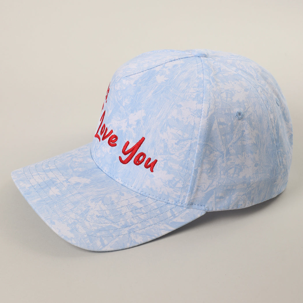 P.S. I Love You camo trucker hat in blue camo detail view
