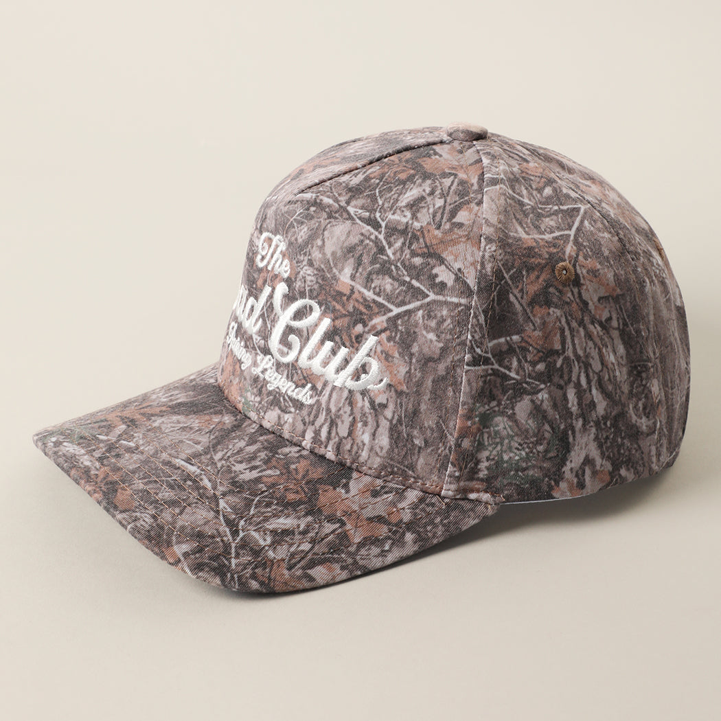 The Dad Club Raising Legends camo trucker hat in dark camo, detail view