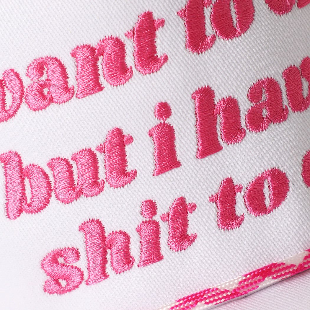 I Want To Cry rope trucker hat in hot pink, side view