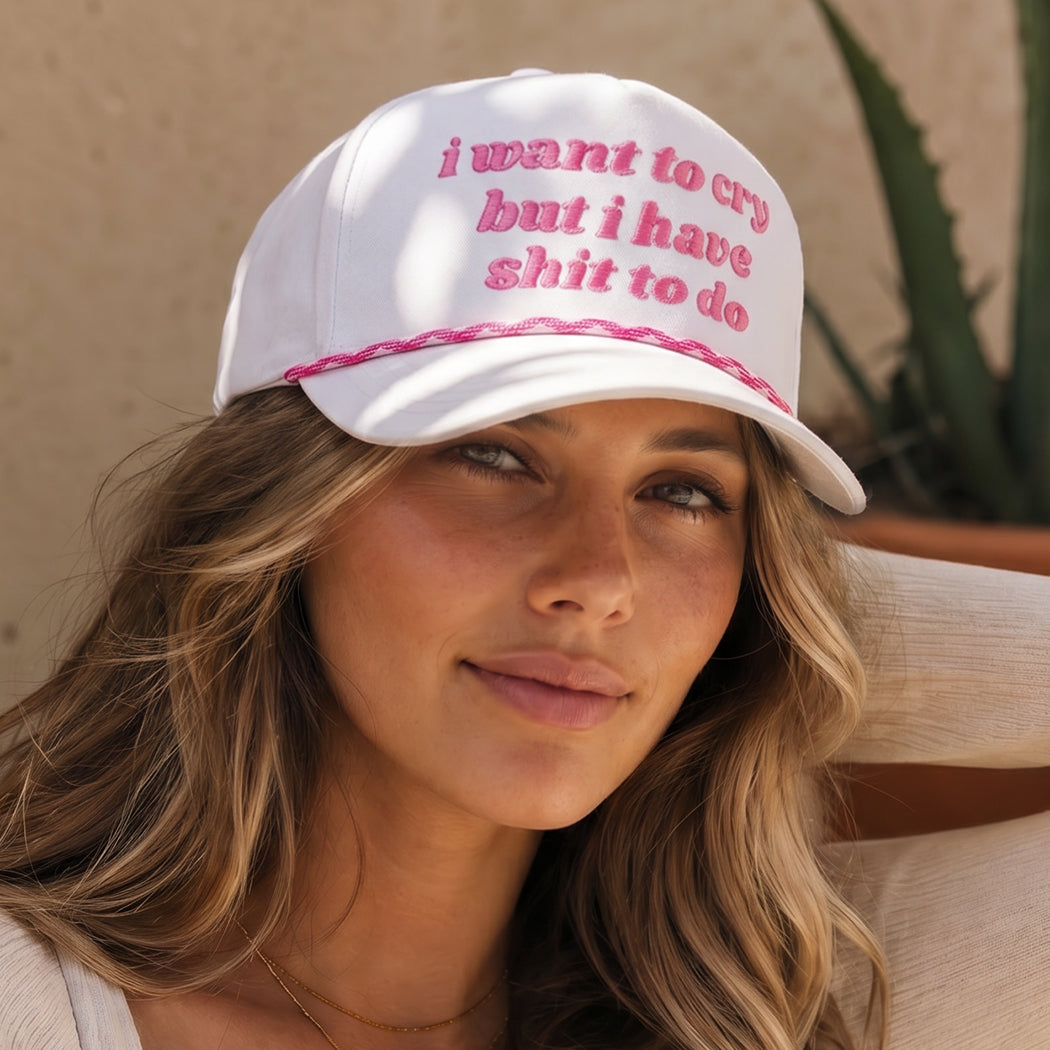 I Want To Cry rope trucker hat, front view