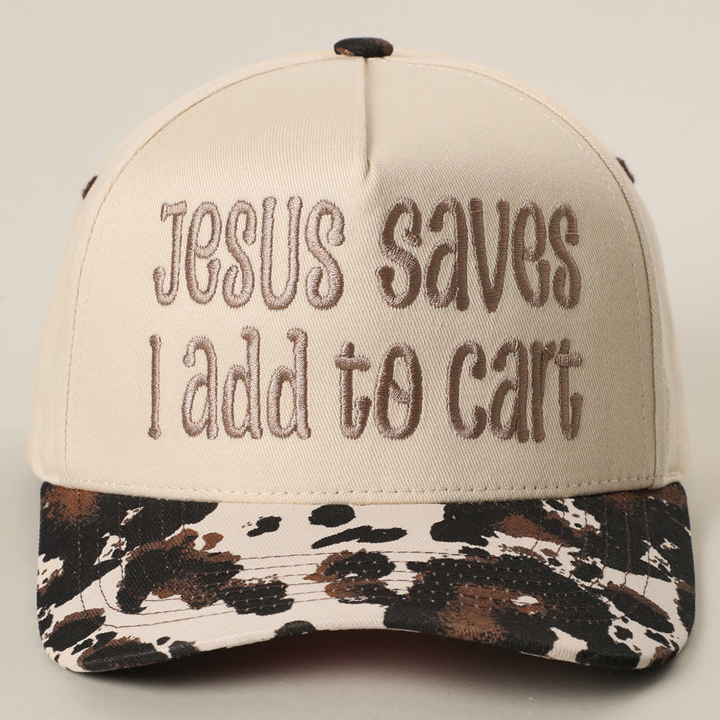 Jesus Saves I Add to Cart two-tone trucker hat in cow print
