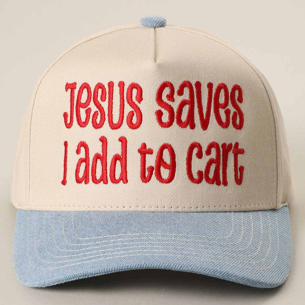 Jesus Saves I Add to Cart two-tone trucker hat in light denim