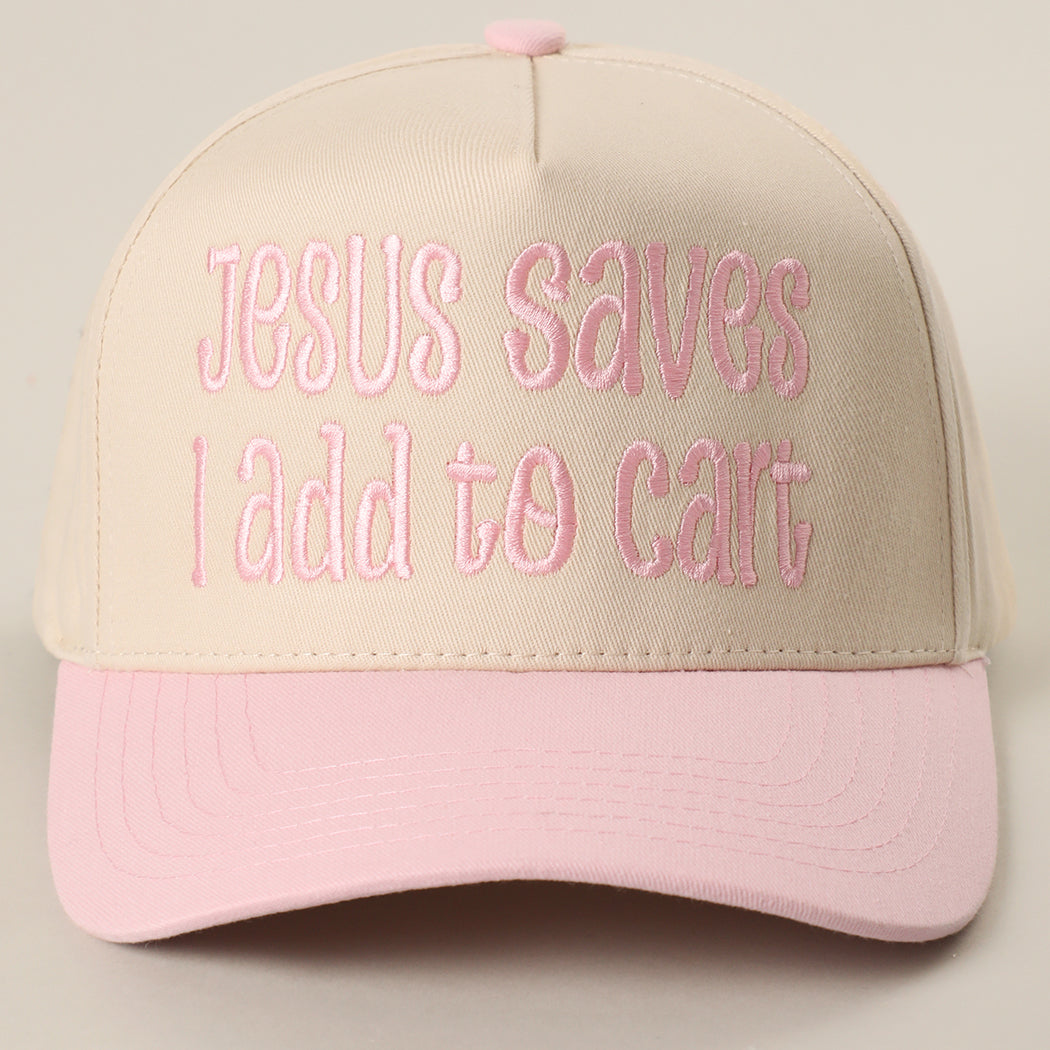 Jesus Saves I Add to Cart two-tone trucker hat in light pink