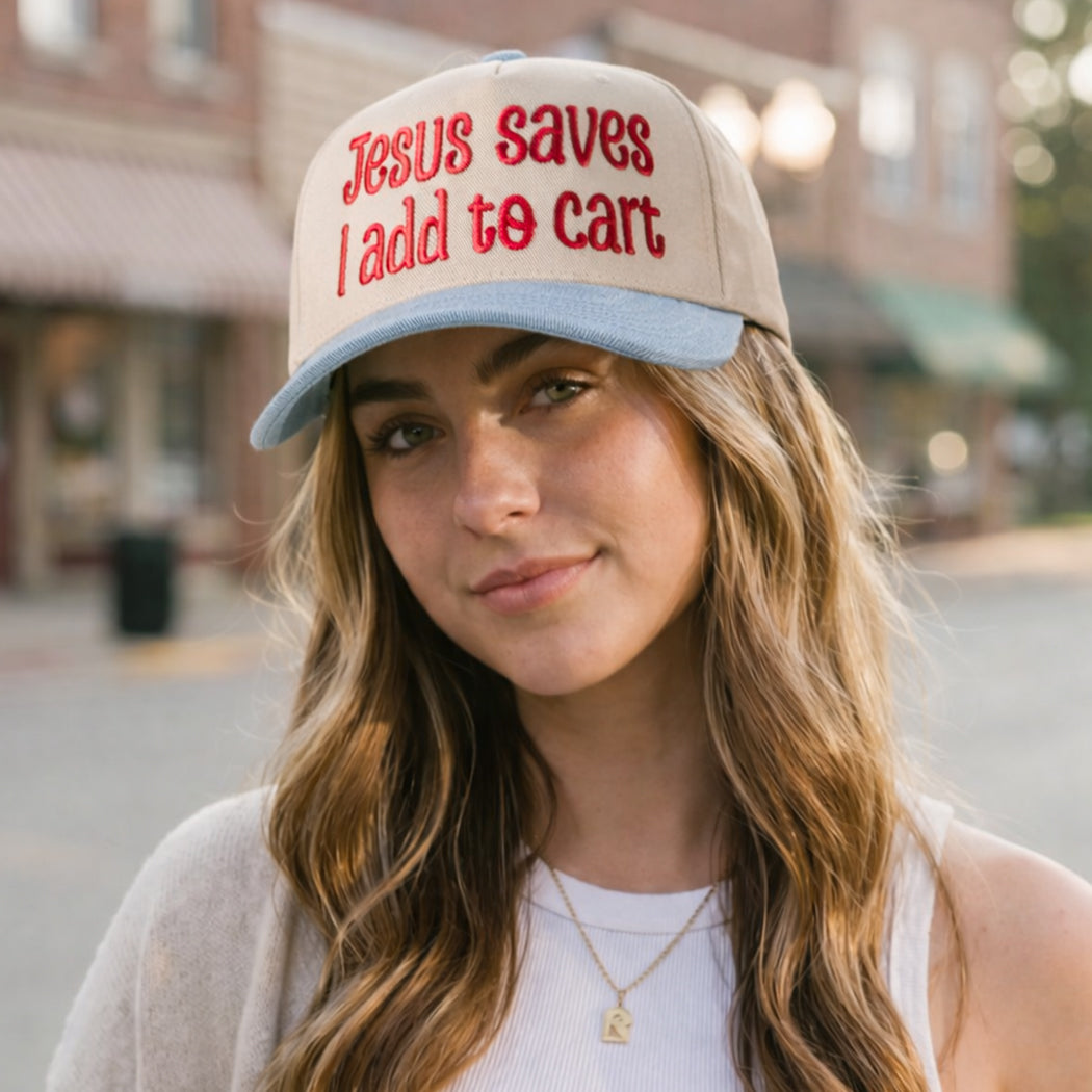 Jesus Saves I Add to Cart embroidered two-tone trucker hat, front view