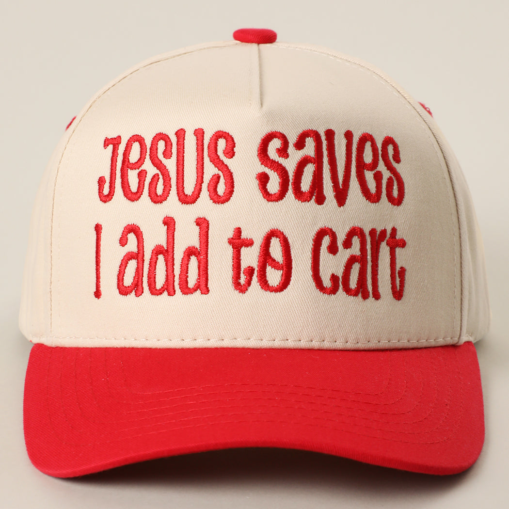 Jesus Saves I Add to Cart two-tone trucker hat in red