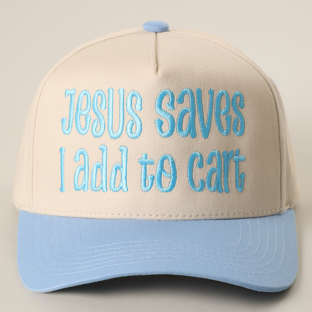 Jesus Saves I Add to Cart two-tone trucker hat in sky blue