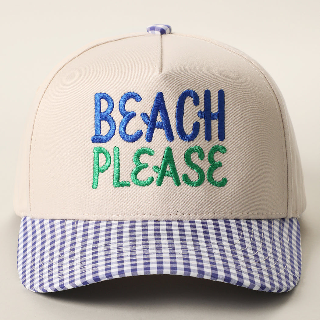 Beach Please gingham brim trucker hat in cobalt blue