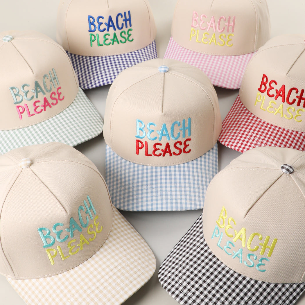 Beach Please gingham brim trucker hat, front view detail