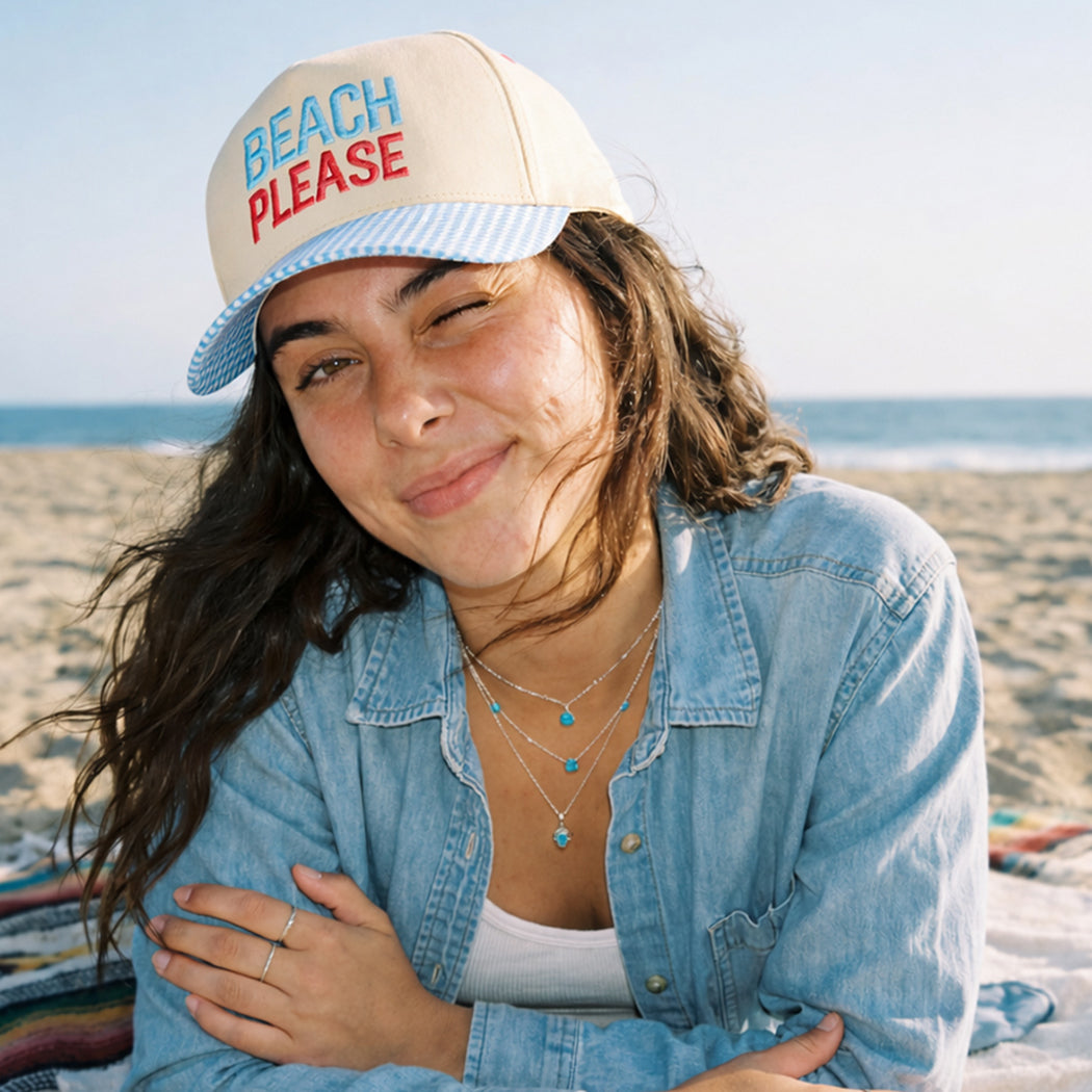 Beach Please gingham brim trucker hat, front view alternate angle