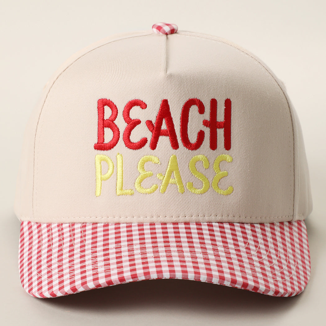 Beach Please gingham brim trucker hat in red