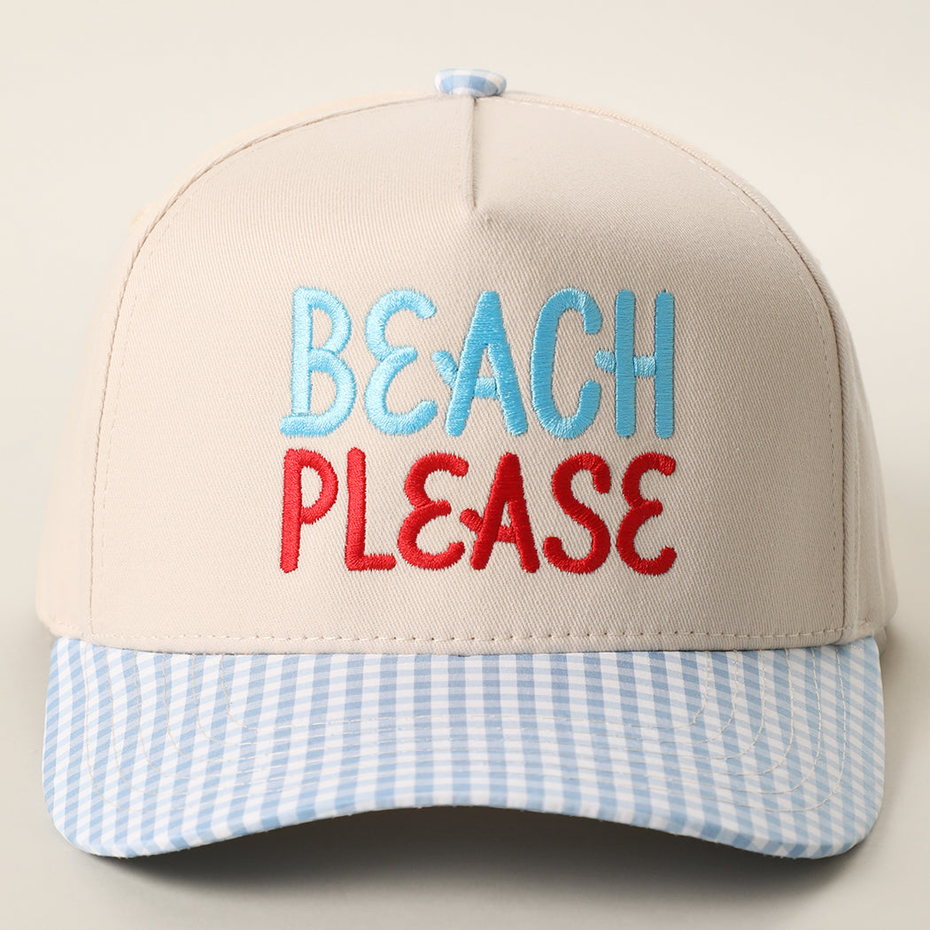 Beach Please gingham brim trucker hat in sky blue