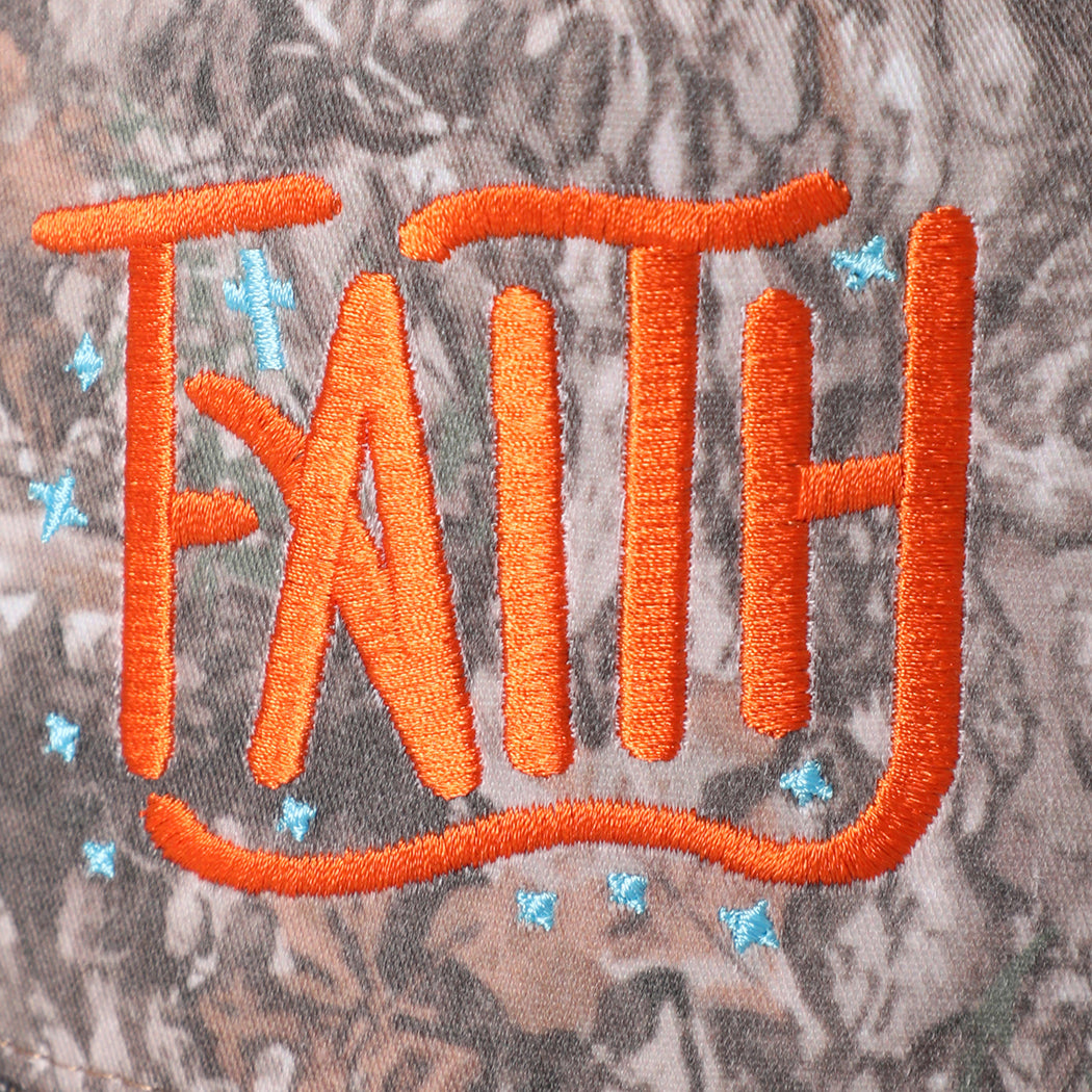Faith embroidered camo trucker hat in dark camo, side view