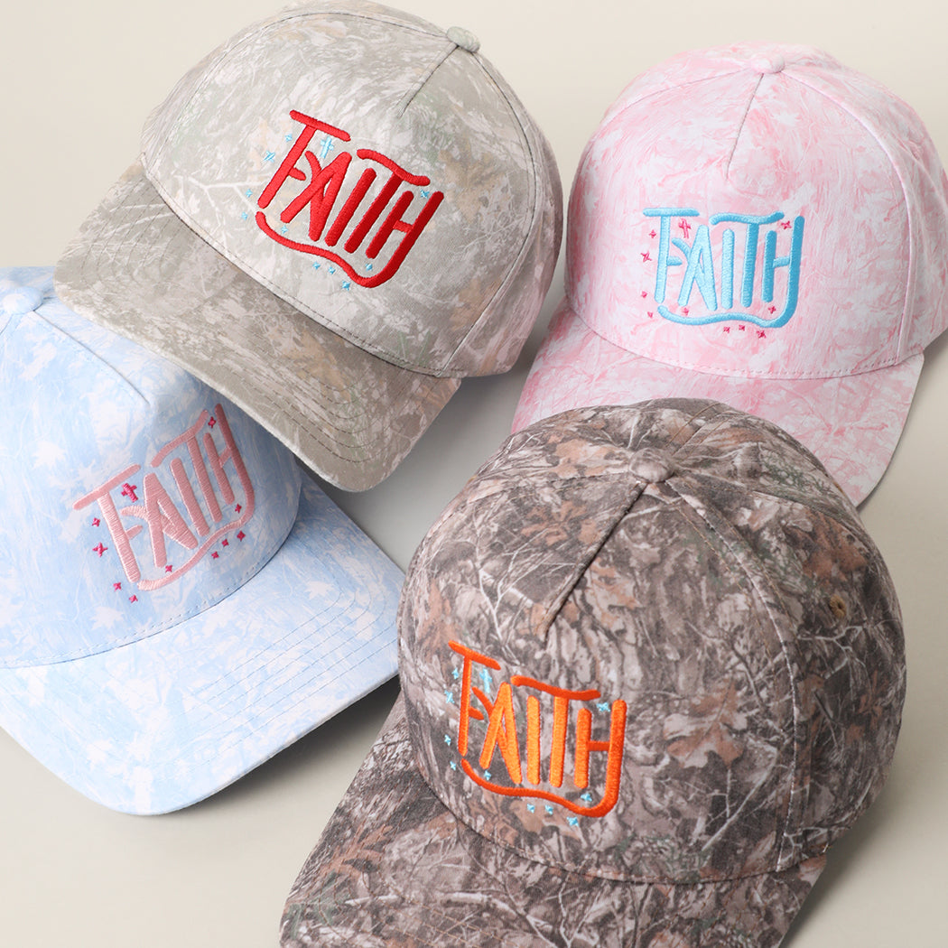 Faith embroidered camo trucker hat, front view detail