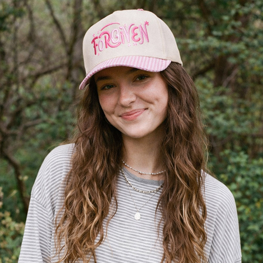 Forgiven embroidered gingham brim trucker hat, front view
