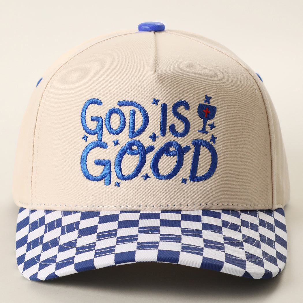 God Is Good checkered brim trucker hat in blue