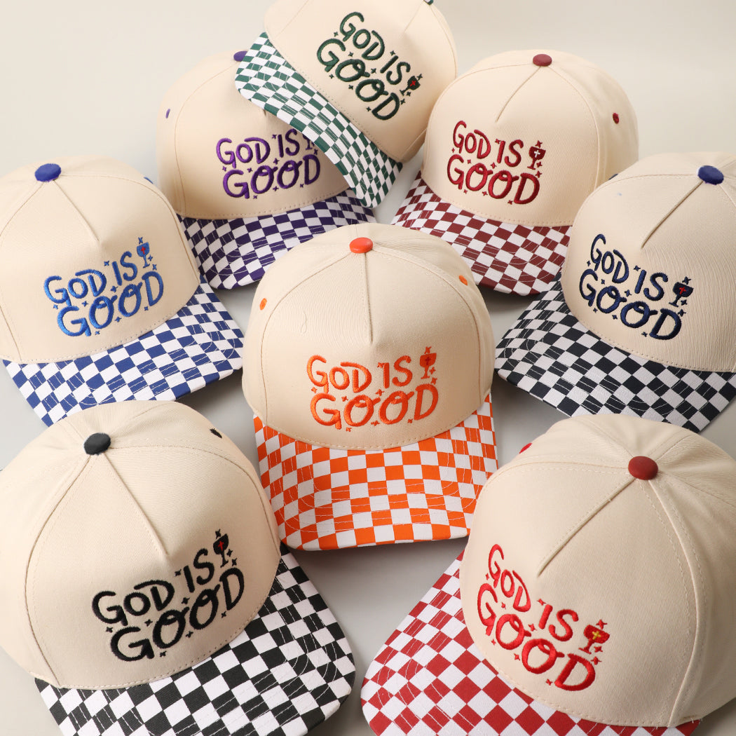 God Is Good checkered brim trucker hat, all color options